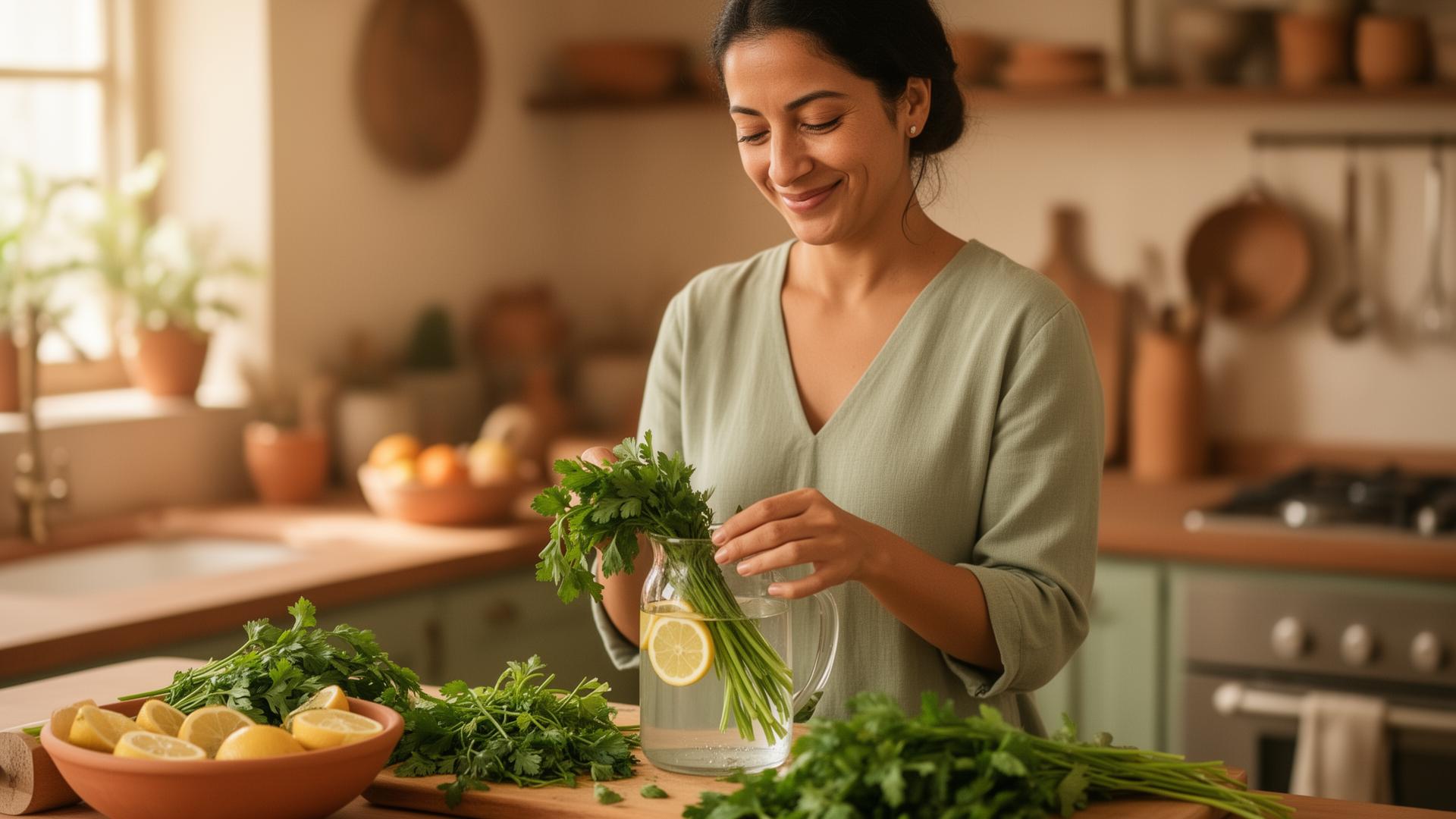 Madre preparando una infusión natural en la cocina con hierbas frescas y limón